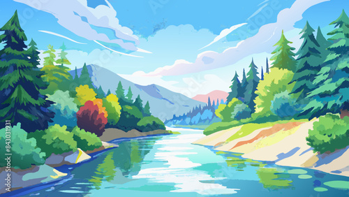 Serene River Landscape with Majestic Mountains and Lush Forests