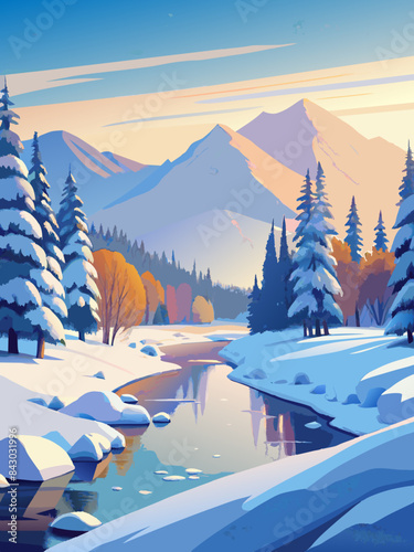 Tranquil Winter Wonderland: Snow-Covered Trees and Serene Mountain Landscape