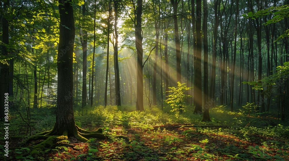 Fototapeta premium A beautiful forest panorama with tall trees and sunlight filtering through the leaves, creating an enchanting atmosphere of nature's tranquility. A forest panorama with towering tree silhouettes,
