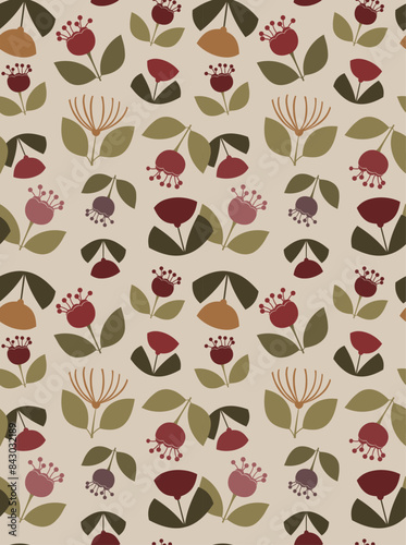 Whimsical seamless vector pattern with retro-style flowers and plants.