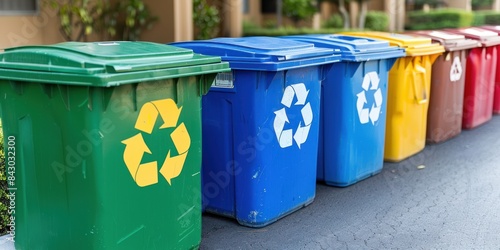 Colorful Recycling Bins Lined Up on Pavement