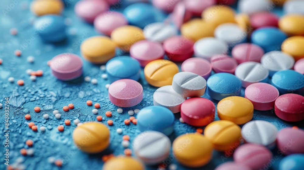 Vivid composition of various pills and tablets, highlighting the diverse world of pharmaceuticals Vivid composition of various pills and tablets, highlighting the diverse world of pharmaceuticals
