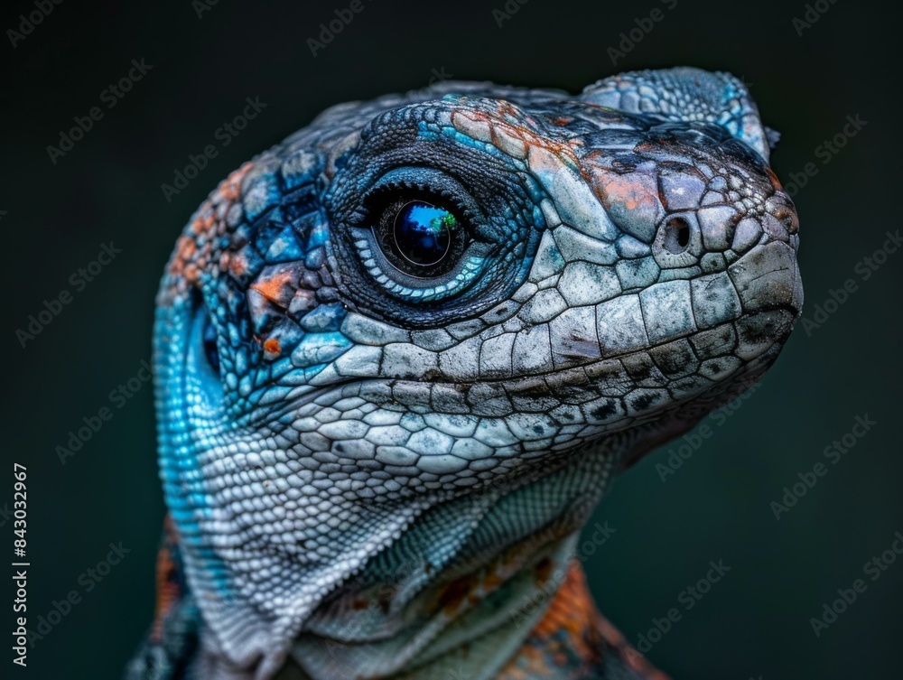 Obraz premium A close-up of a blue iguana's face. AI.