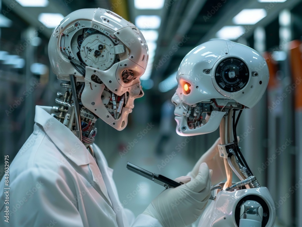 Fototapeta premium A humanoid robot in a lab coat is having its cranial cavity examined by another robot. AI.