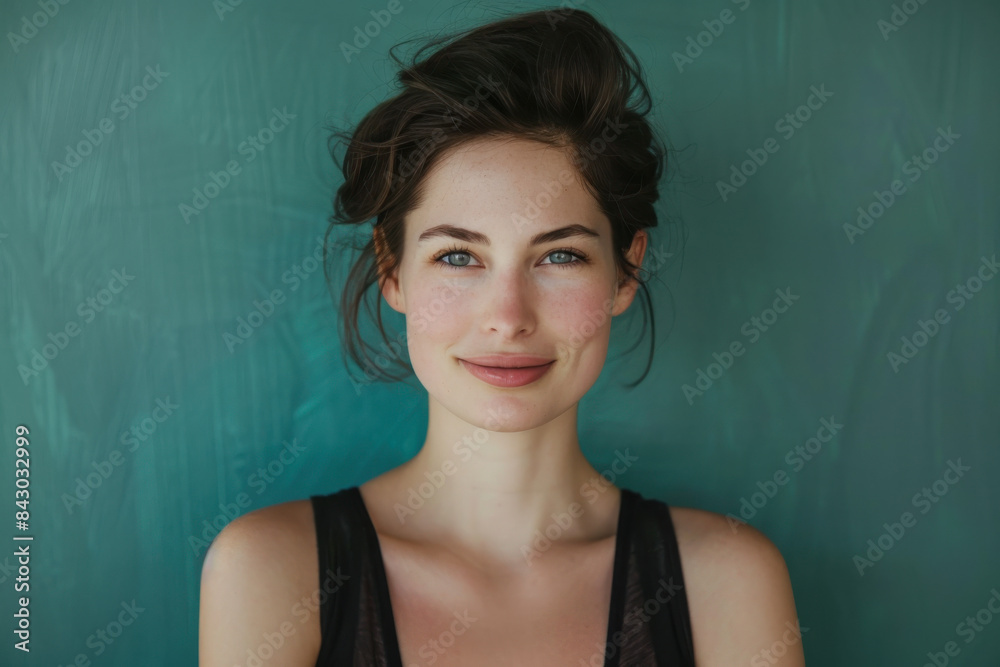 A close up portrait of a young woman with a subtle smile A close up portrait of a young woman with a subtle smile