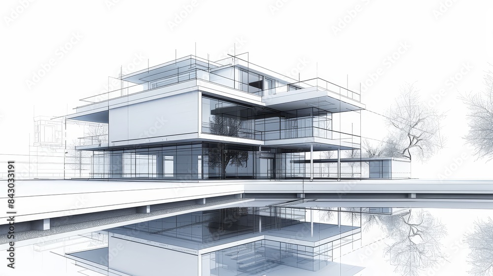 Abstract architectural blueprint of a contemporary house, merging realistic building models with wireframe line structures Abstract architectural blueprint of a contemporary house, merging realistic building models with wireframe line structures