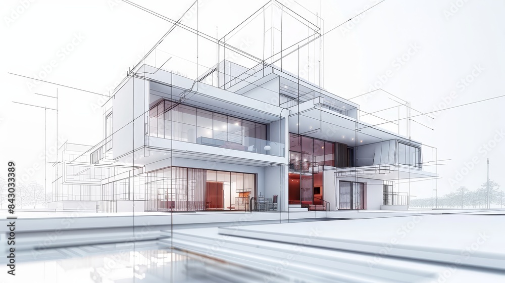 Architectural blueprint of a modern residential building, wireframe lines merging with realistic house models, abstract and detailed Architectural blueprint of a modern residential building, wireframe lines merging with realistic house models, abstract and detailed