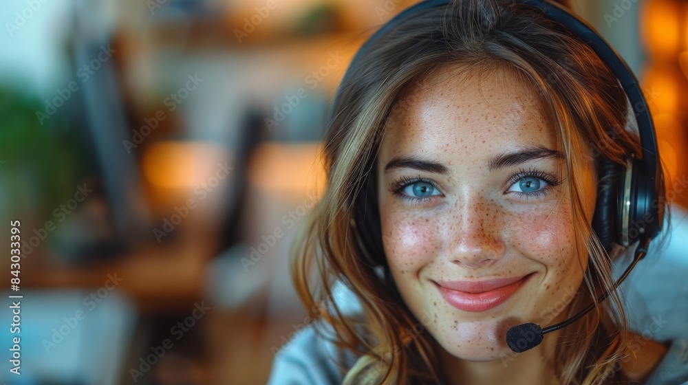 Close-up of a smiling female customer service representative wearing a headset and microphone Close-up of a smiling female customer service representative wearing a headset and microphone