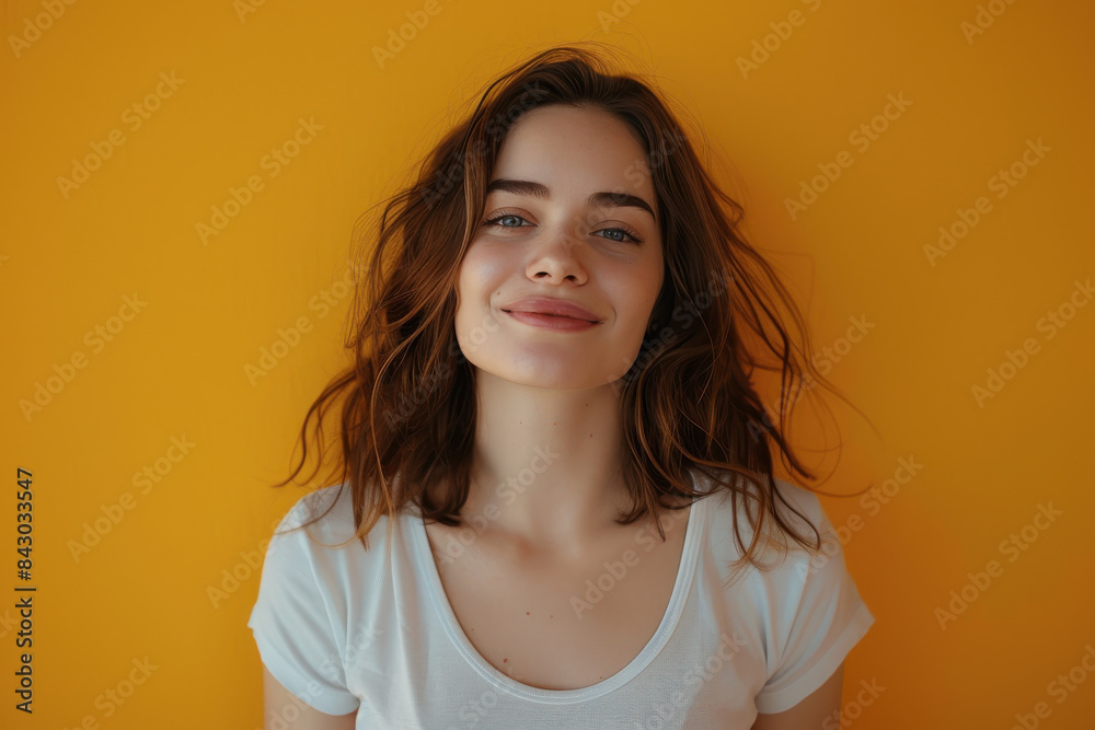 A close up portrait of a young woman with a subtle smile A close up portrait of a young woman with a subtle smile