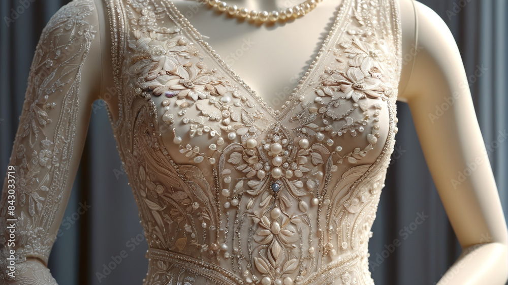 Fototapeta premium Radiating with elegance, the luxurious dress on the mannequin glistens with pearls and fine embroidery, Generative AI