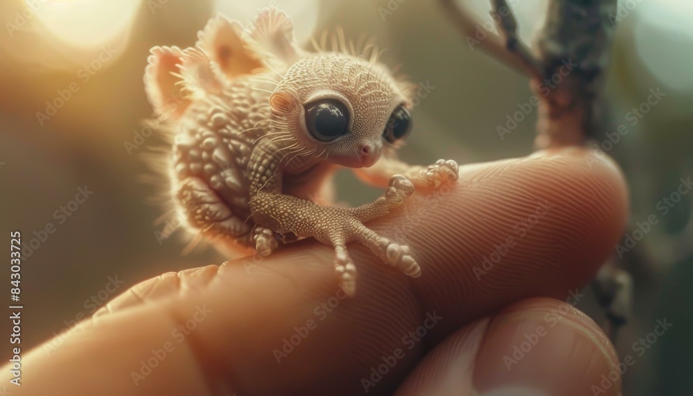 A cute and tiny alien-like creature with big eyes perches on a human finger. AI. A cute and tiny alien-like creature with big eyes perches on a human finger. AI.