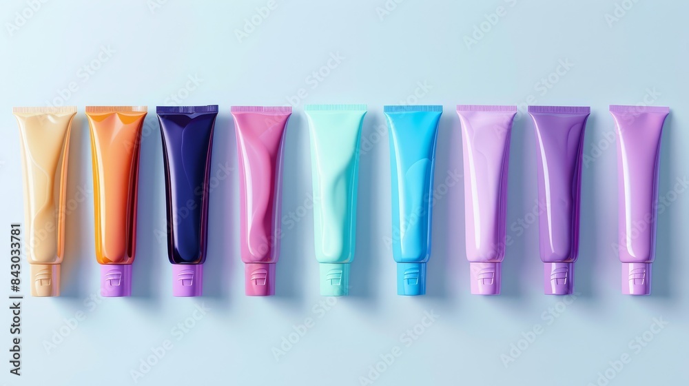 Collection of vibrant cosmetic tubes, displayed in an orderly fashion for beauty and skincare, on a pristine light background, photo realistic Collection of vibrant cosmetic tubes, displayed in an orderly fashion for beauty and skincare, on a pristine light background, photo realistic