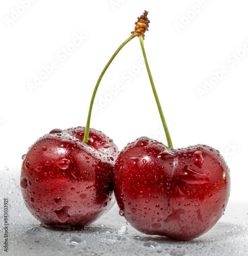 Fresh cherries with water droplets are beautifully displayed on a simple white backdrop