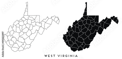 West Virginia state map of regions districts vector black on white and outline	