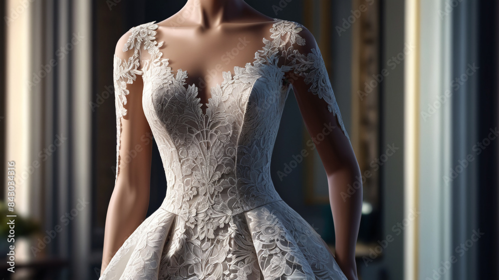 Fototapeta premium The evening gown on the mannequin, adorned with intricate lace and flowing layers, epitomizes luxury and grace, Generative AI