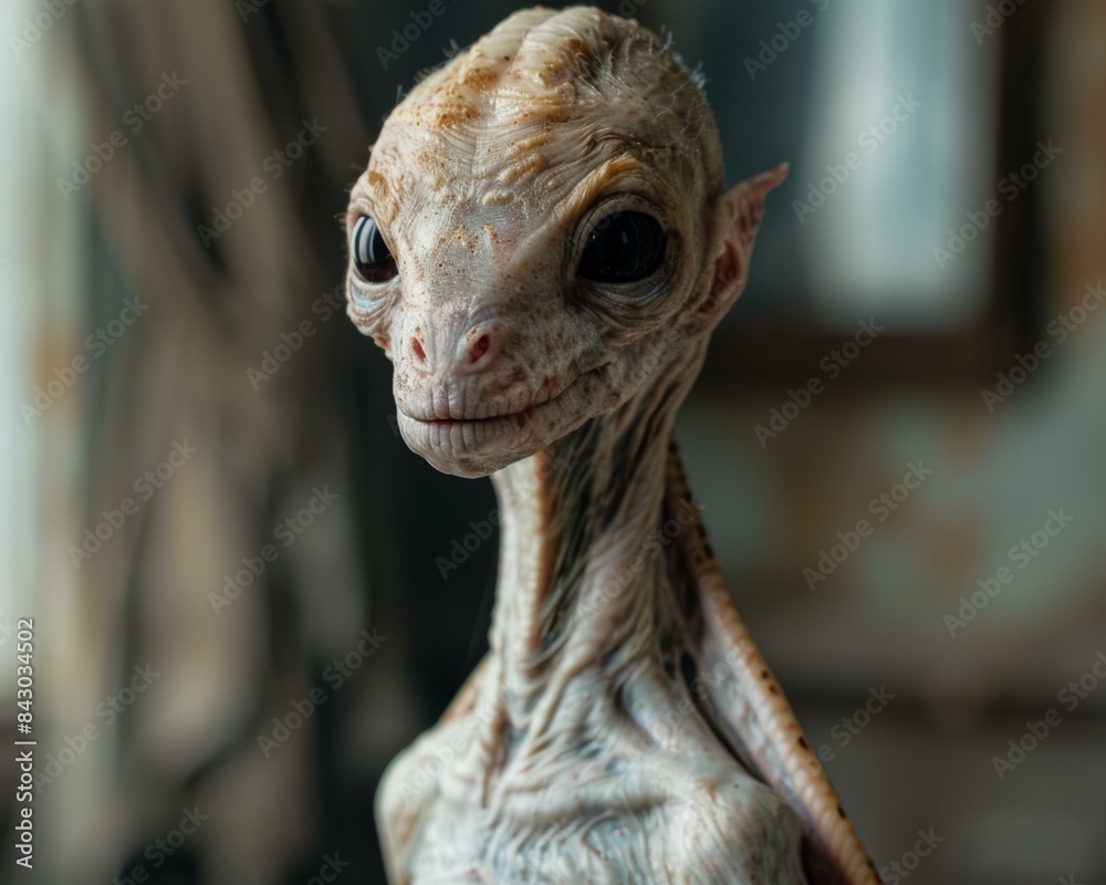 Close-up of a computer-generated alien creature with large eyes and a reptilian-like body. AI. Close-up of a computer-generated alien creature with large eyes and a reptilian-like body. AI.