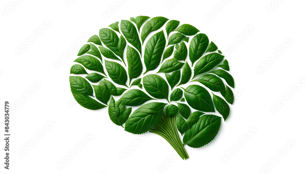 Fototapeta premium Fresh green leaves in a shape of human's brain isolated on white background
