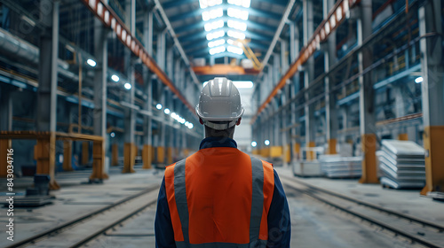 Engineer wearing vest and a hard hat stands in a large warehouse. The empty industrial setting the scale and structure of the facility, the relocation of a production base and the importance of safety © Ekaterina