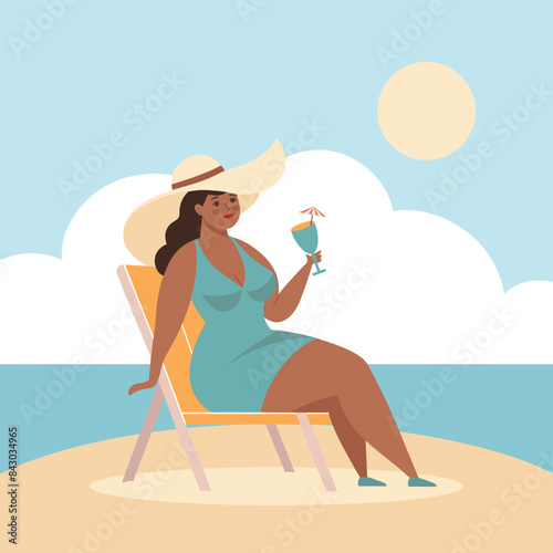 Summer holidays time. Happy woman on a chaise longue with a cocktail. Beach vacation, tourism and relax. Concept illustration. Vector