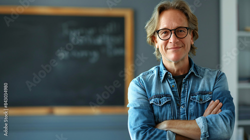 Smiling male educator with arms crossed in front of blackboard in a classroom setting photo