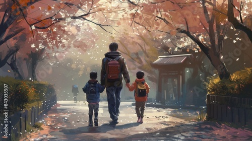 Illustration Of A Father Walking On The Street With His Children, Taking Them To School, Autumn Day, Father's Day