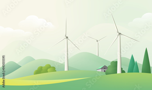 a cartoon illustration of wind turbines in a green field.