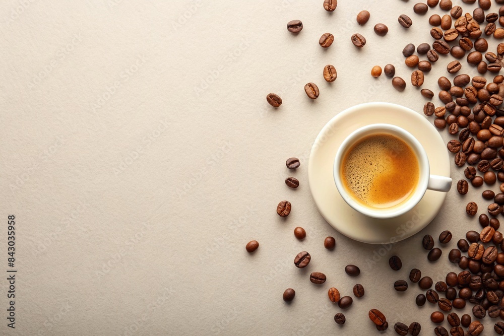 White cup of coffee on light beige background with coffee beans, empty negative space White cup of coffee on light beige background with coffee beans, empty negative space