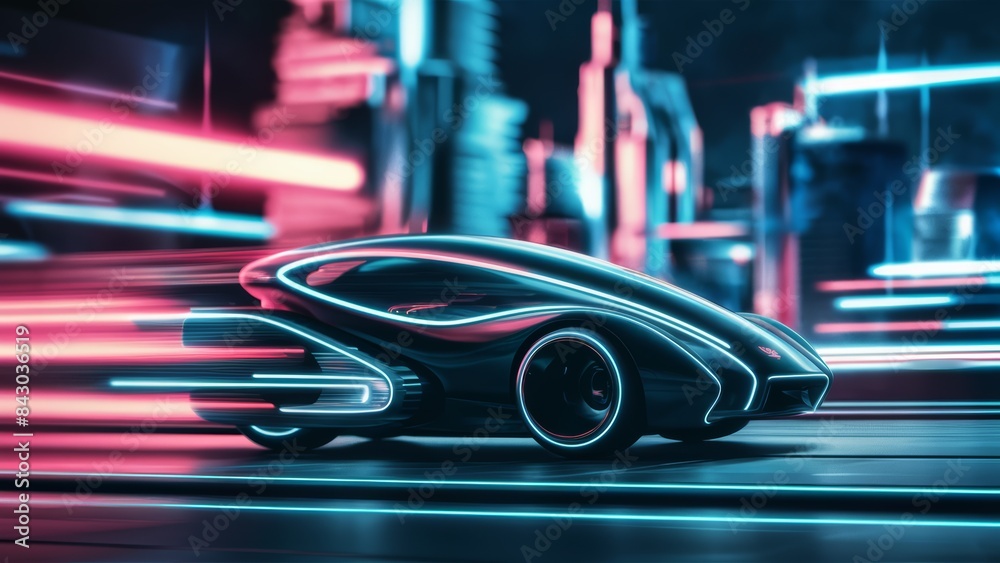 A futuristic car is driving down a city street at night, AI A futuristic car is driving down a city street at night, AI