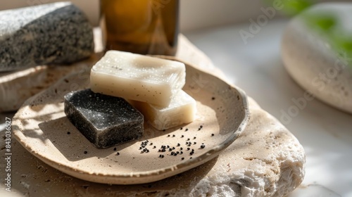 Ambient serenity complements sustainable shampoo bars, embodying minimalist bathing rituals. photo
