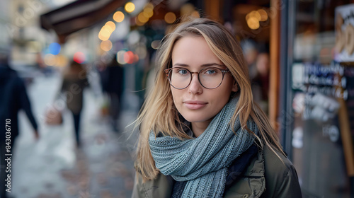 Wallpaper Mural Stylish woman with glasses poses on a bustling city street, exuding casual elegance Torontodigital.ca