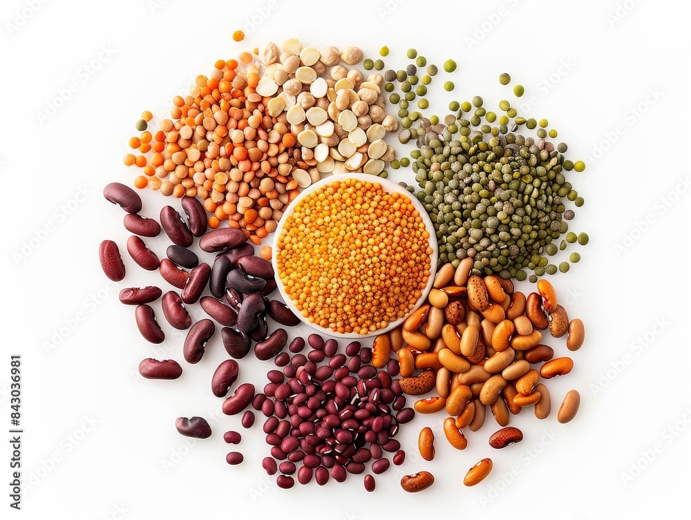 Assortment of legumes on white background for dietary protein and fiber source Assortment of legumes on white background for dietary protein and fiber source