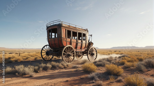 A weathered stagecoach races across the open plains, delivering precious cargo and tales of the Wild West, Generative AI photo