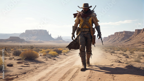 A weathered bounty hunter tracks his prey through the desolate badlands, embodying the relentless pursuit of justice in the Wild West, Generative AI