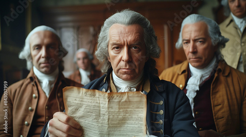 Historical Scene of Men Holding Document. 18th Century Attire Significance