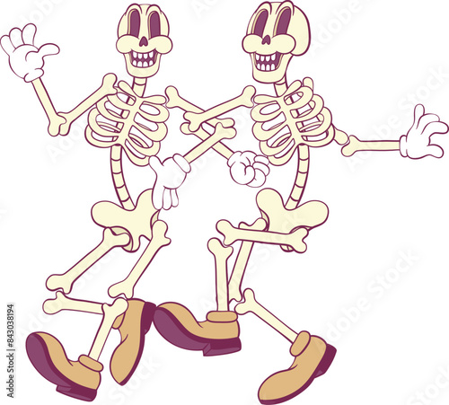 Retro groovy skeleton cartoon character