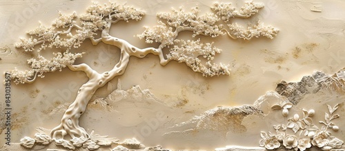 Fototapeta Naklejka Na Ścianę i Meble -  Beautiful Chinese landscape 3d relief wallpaper. Mural wallpaper. Wall art. AI generated illustration.