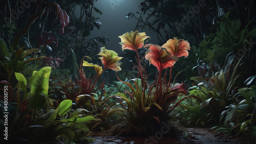 In the moonlit jungle, the carnivorous plants hiss and snap, ready to ensnare their next prey with lethal precision, Generative AI © 4K_Heaven