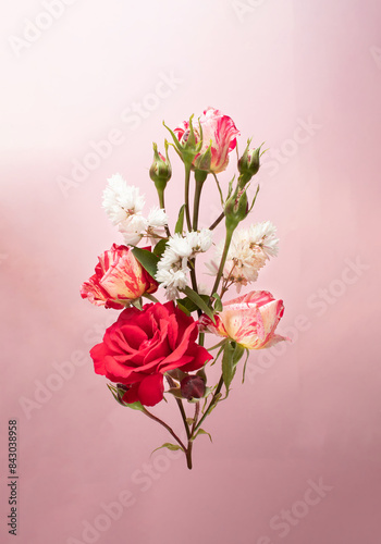 bouquet of red roses and white flowers on light background