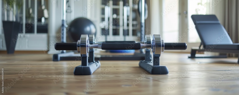 Obraz premium Ergonomic push-up handles in home gym, enhancing exercise effectiveness.