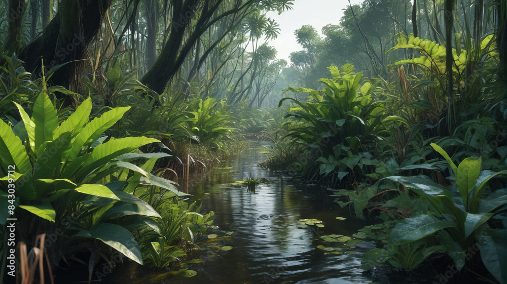 The dense swamp is home to vicious plants with razor-sharp leaves that slice through anything in their path, Generative AI The dense swamp is home to vicious plants with razor-sharp leaves that slice through anything in their path, Generative AI