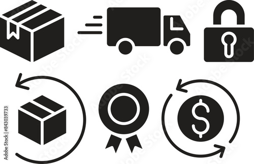 Ecommerce security badges associated with website stores and ecommerce. Symbols such as logistics, distribution, packaging, shipping, security, returns, guarantee and money back guarantee