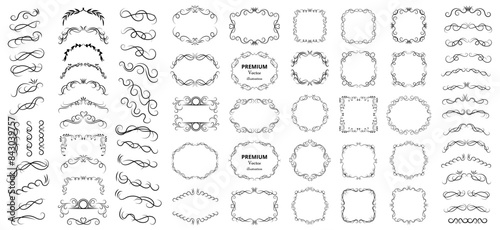Big set of vector graphic elements for design. Decorative swirls or scrolls, vintage frames , flourishes, labels and dividers. Retro vector illustration