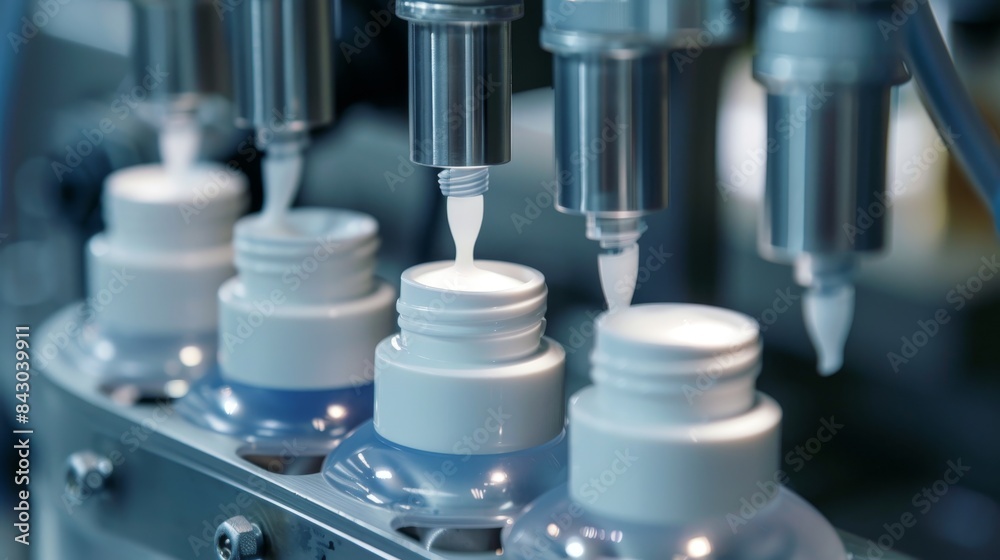High-res close-up of cosmetics tube filling machine nozzles dispensing cream in an industrial setting. High-res close-up of cosmetics tube filling machine nozzles dispensing cream in an industrial setting.