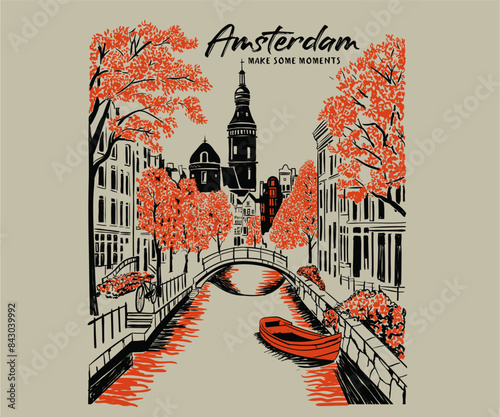 Amsterdam city scape vector illustration, Amsterdam Netherland Canals  hand drawn vector art, holiday travel destination, summer vacation graphic print design