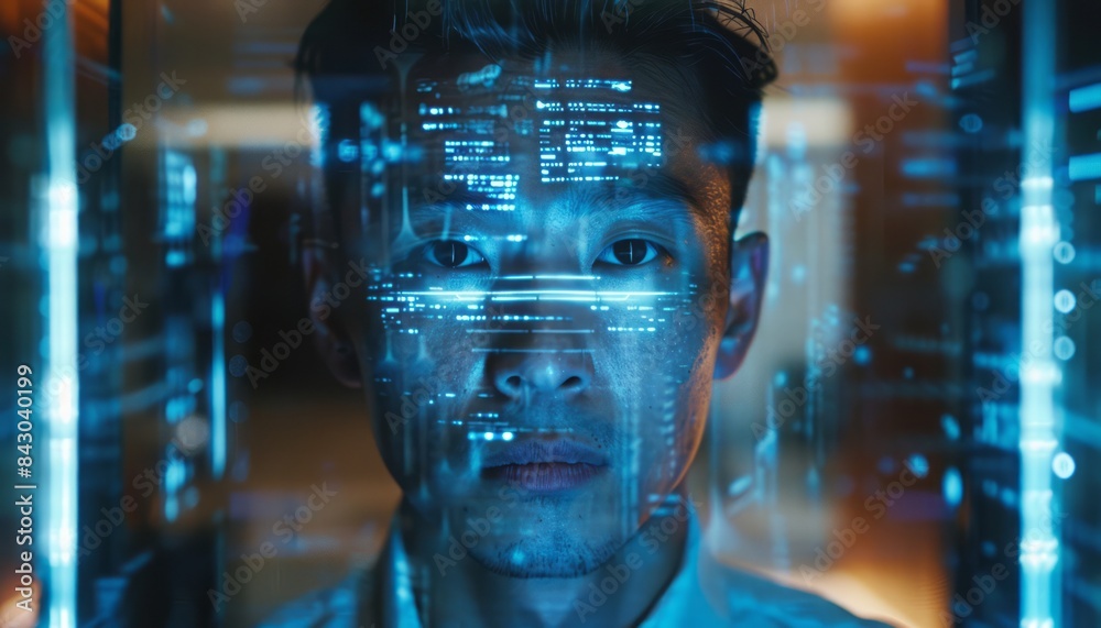 Man Looking at Digital Interface With Lines of Code Man Looking at Digital Interface With Lines of Code