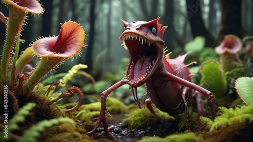 In the shadowy forest, the carnivorous plants snap and snarl, their jaws dripping with the remains of unfortunate creatures, Generative AI photo