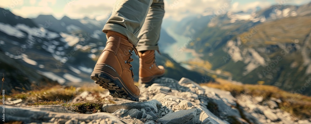 Mountain hiker ascending trail with leather hiking boots close-up, foot lifted and planted. Mountain hiker ascending trail with leather hiking boots close-up, foot lifted and planted.