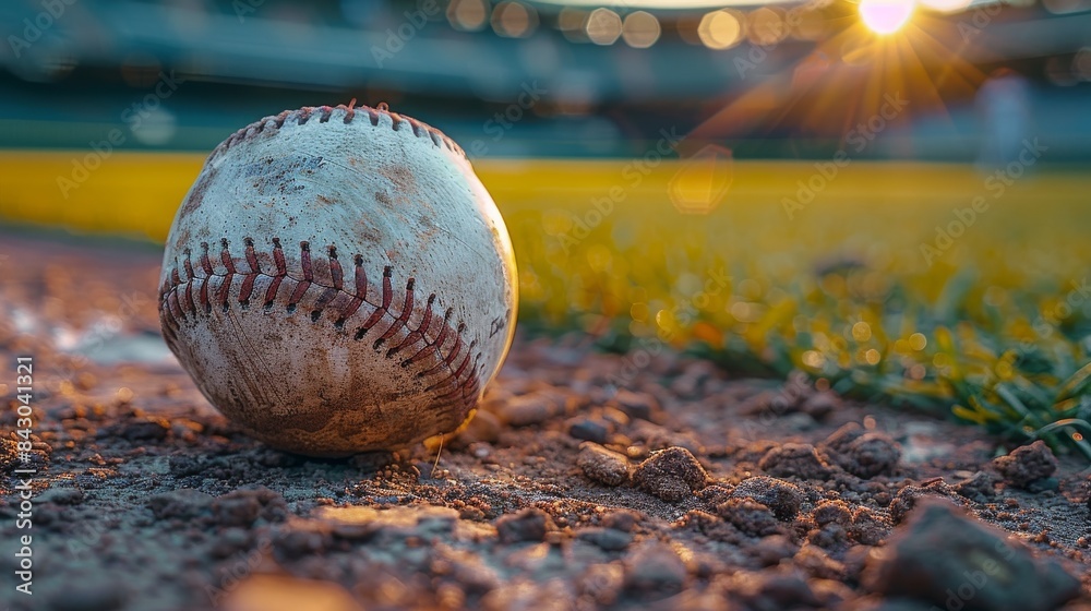 An old baseball on the pitcher's mound with the sun setting in the background An old baseball on the pitcher's mound with the sun setting in the background