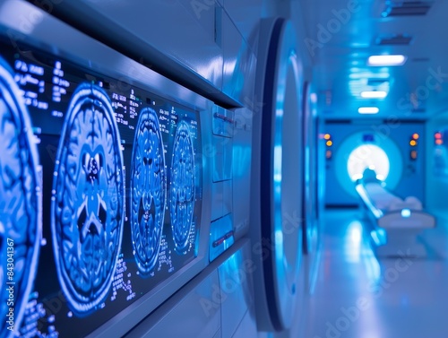 Neon blue advanced medical imaging technology showcasing a series of brain MRI scans applied in neurological research and diagnostics within a clinical environment. photo