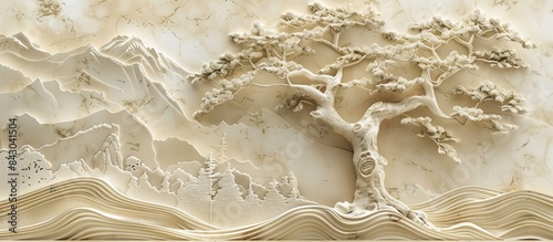 Fototapeta Naklejka Na Ścianę i Meble -  Beautiful Chinese landscape 3d relief wallpaper. Mural wallpaper. Wall art. AI generated illustration.